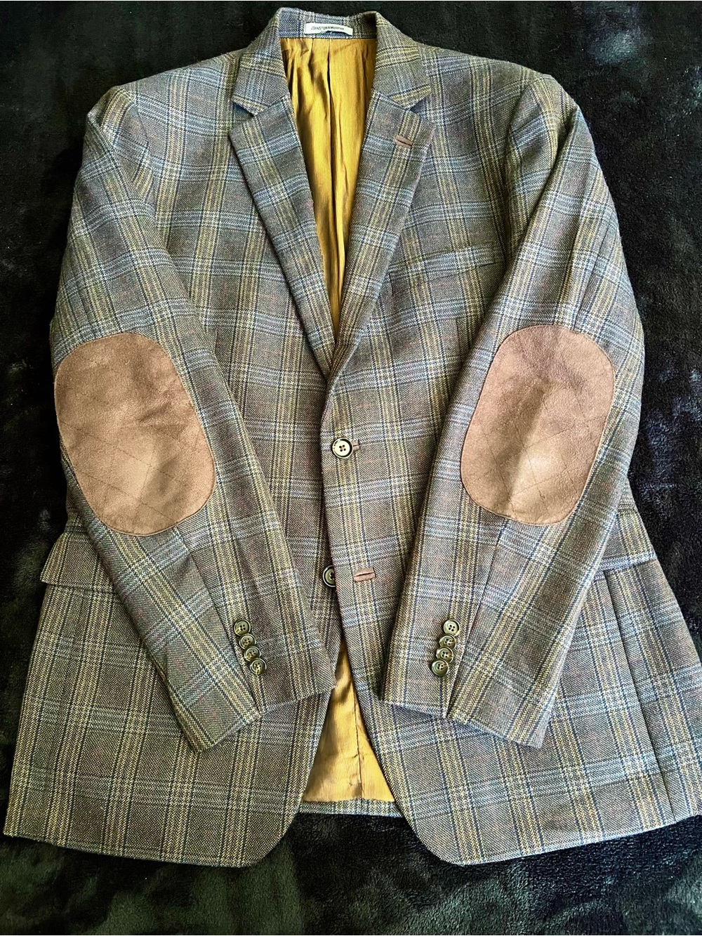 Johnston & Murphy Brown & Blue Plaid Blazer, Suede Button Holes & Elbow Patches